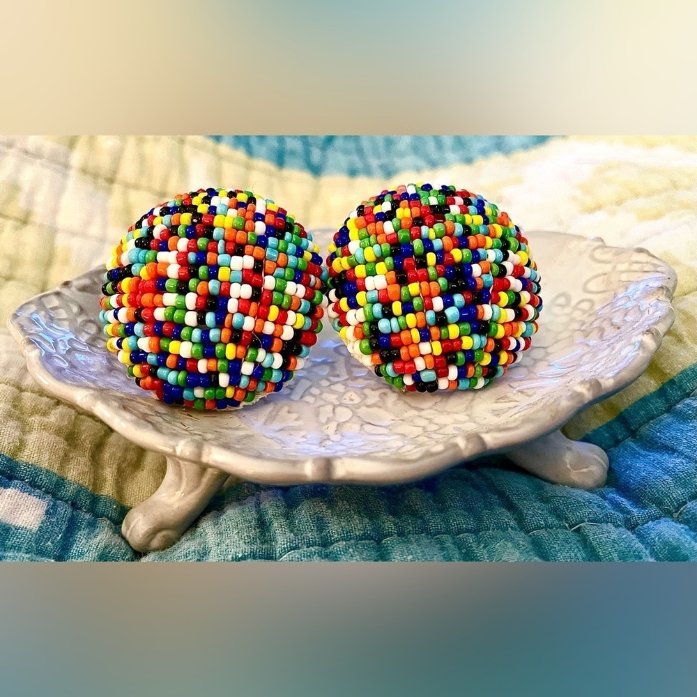 Vintage Handmade Rainbow Beaded Clip-On Earrings – Oversized Statement Chunky